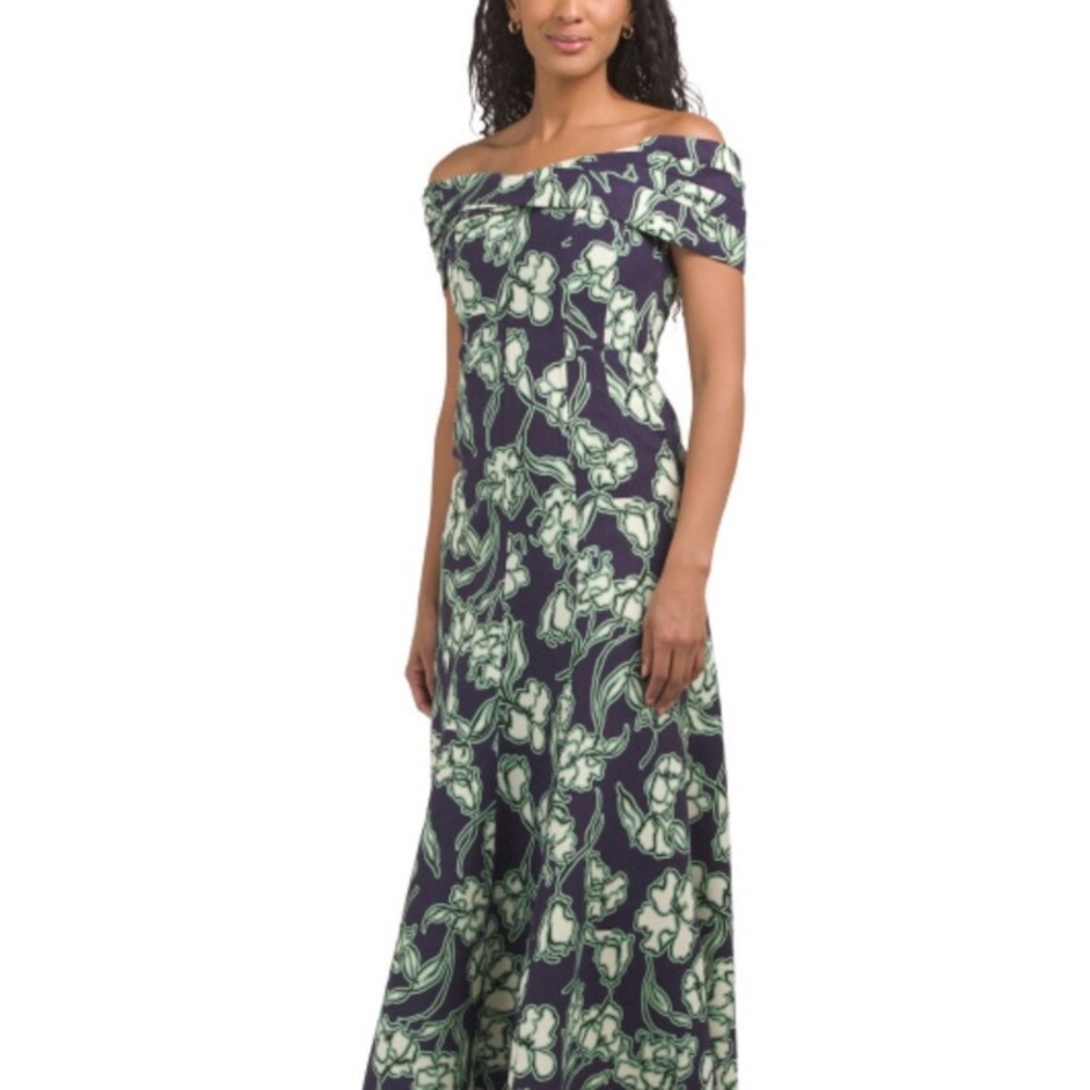 NWT NICHOLAS Navy Linen Blend Diana Off Shoulder Maxi Dress size US 4
